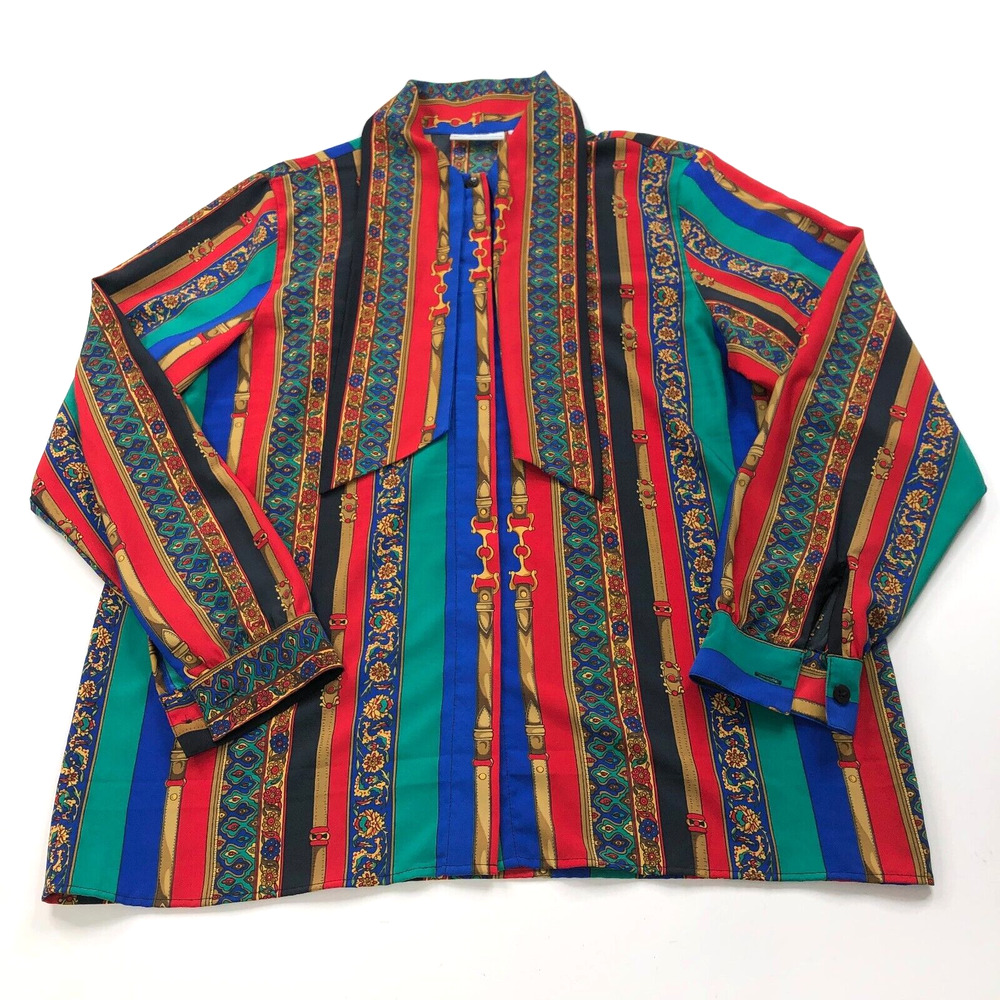 Alfred Dunner 12 Tie Collar Button Long Sleeve Shirt All Over Print MINT